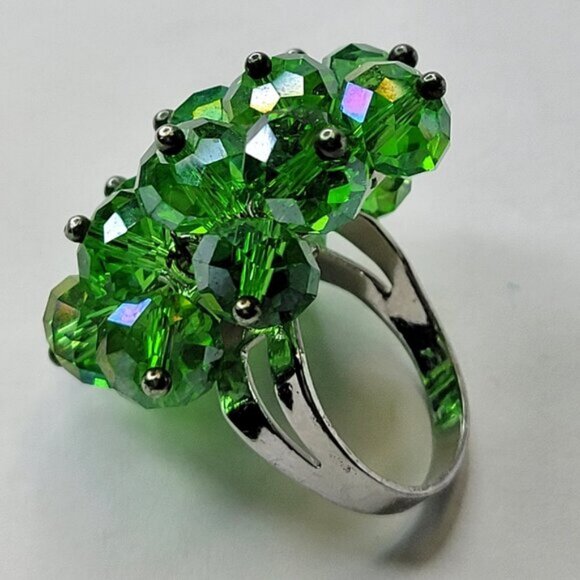 Green Crystal Cluster Ring, Adjustable Crystal Ring,  Statement Crystal Ring - Picture 8 of 9
